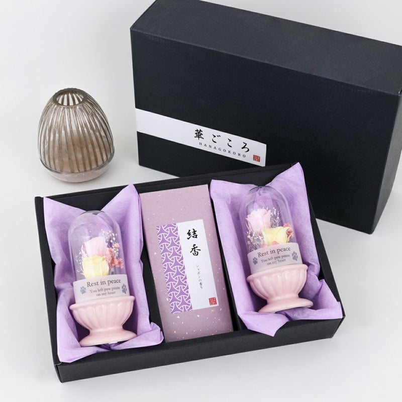 ペット用 お供えギフトBOX 華ごころ（お線香&プリザーブドフラワー2個）